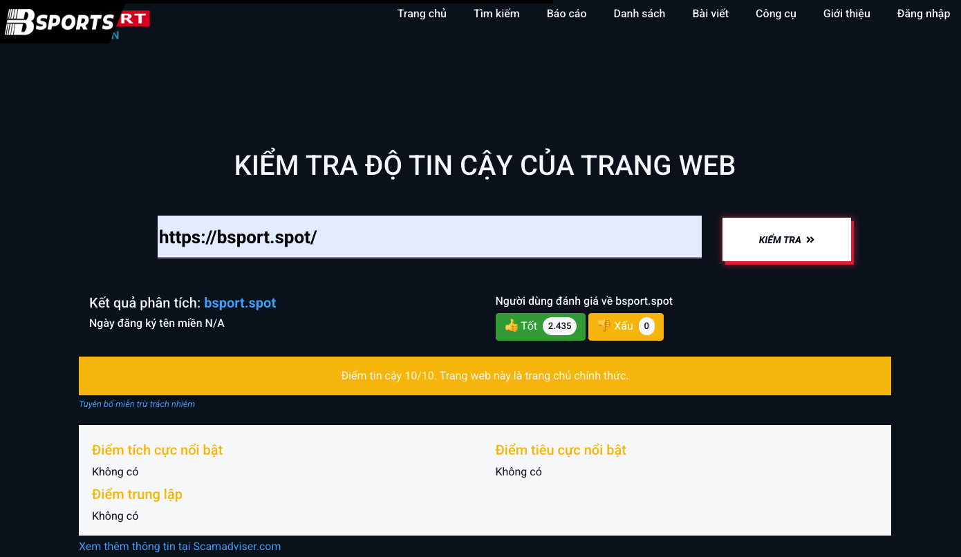 Bảng tổng kết và chấm điểm trang web của trang chủ Bsport trên trang scam.vn